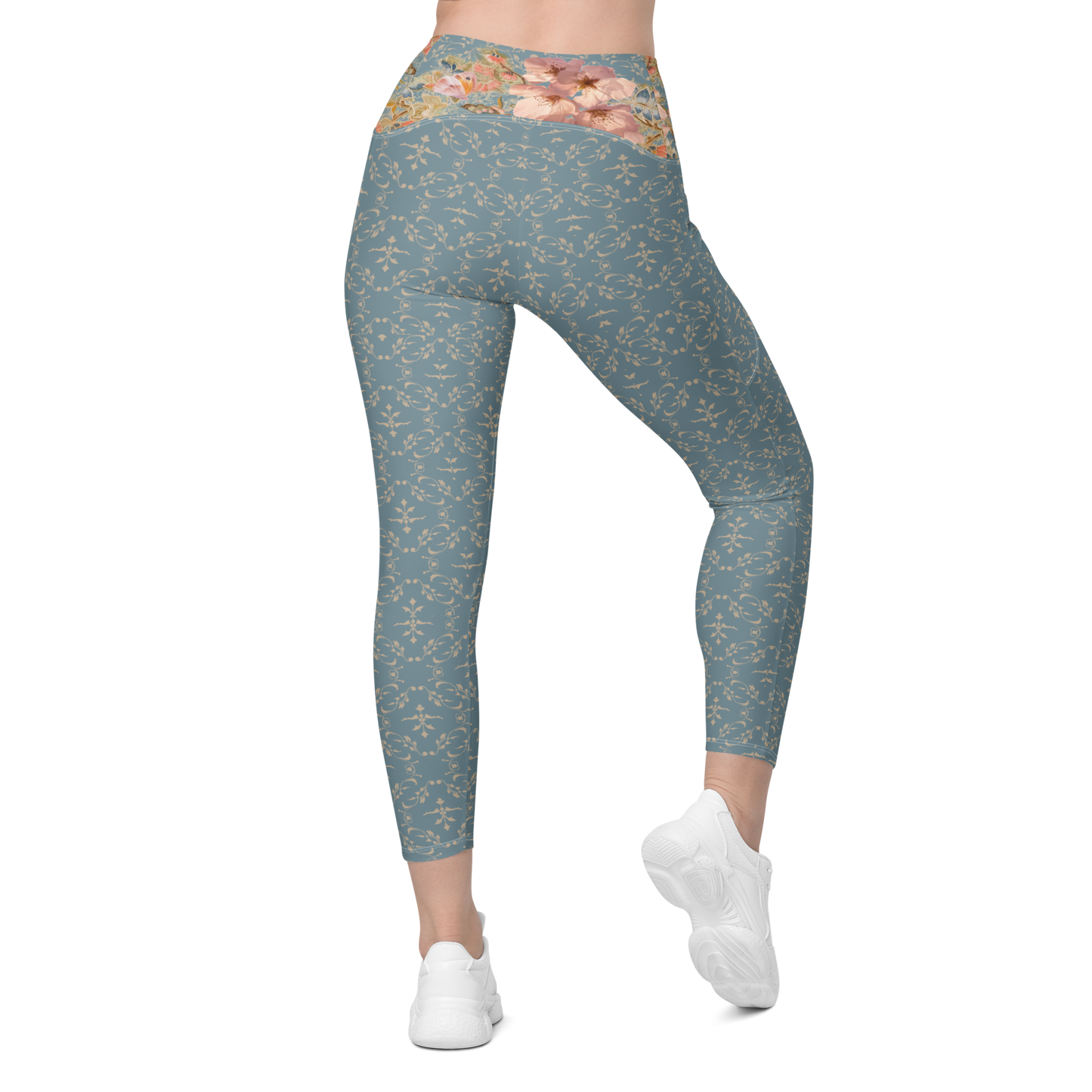 Japanese kimono Taisyou-kimono Cherry blossom Blue UPF 50+ Four-way stretch Crossover leggings with pockets