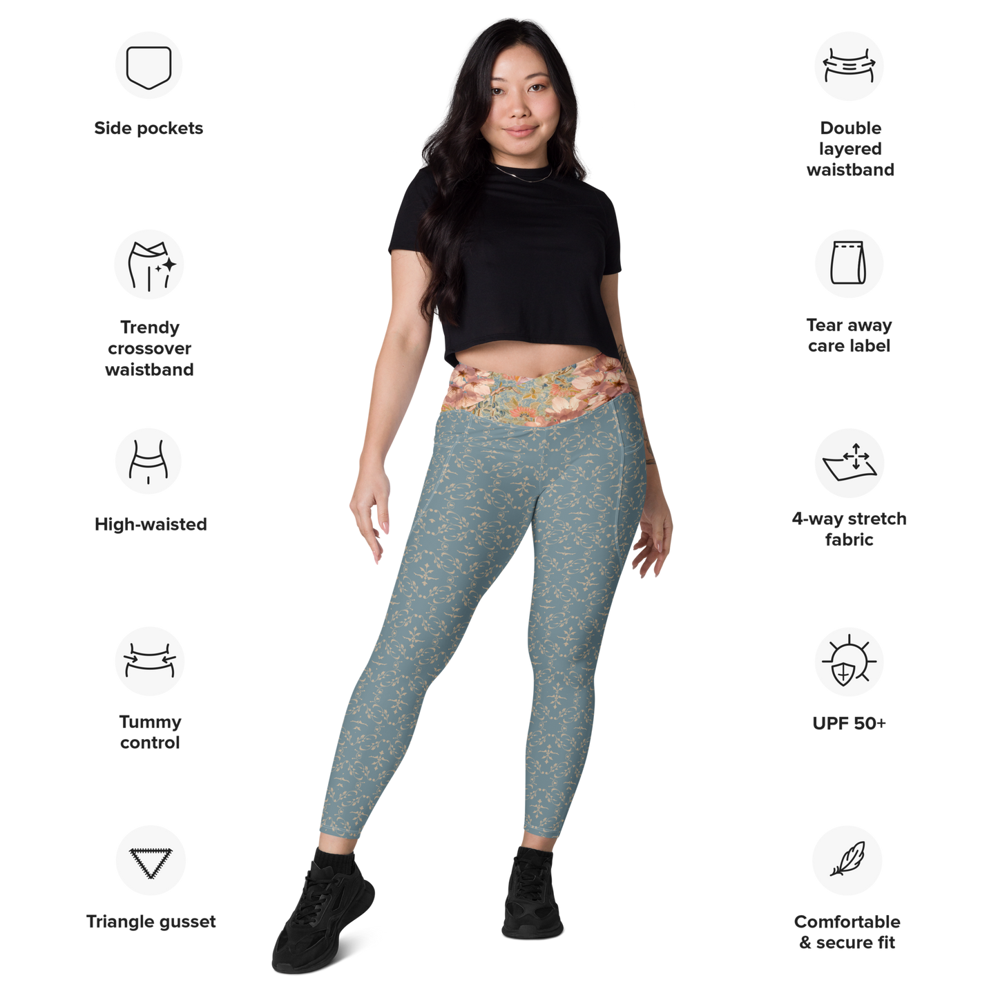 Japanese kimono Taisyou-kimono Cherry blossom Blue UPF 50+ Four-way stretch Crossover leggings with pockets