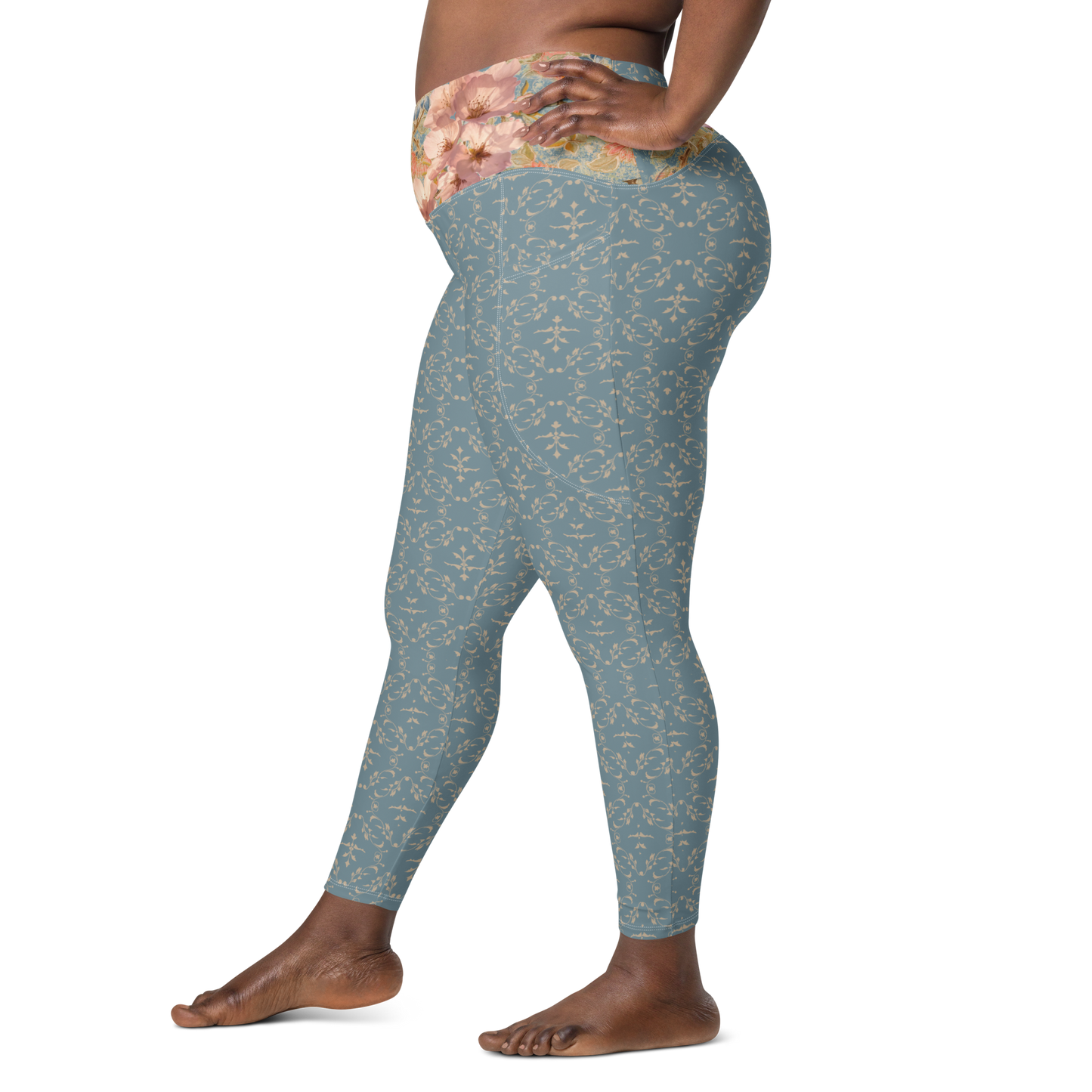 Leggings cruzados con bolsillos Cherry Blossom Blue talla grande