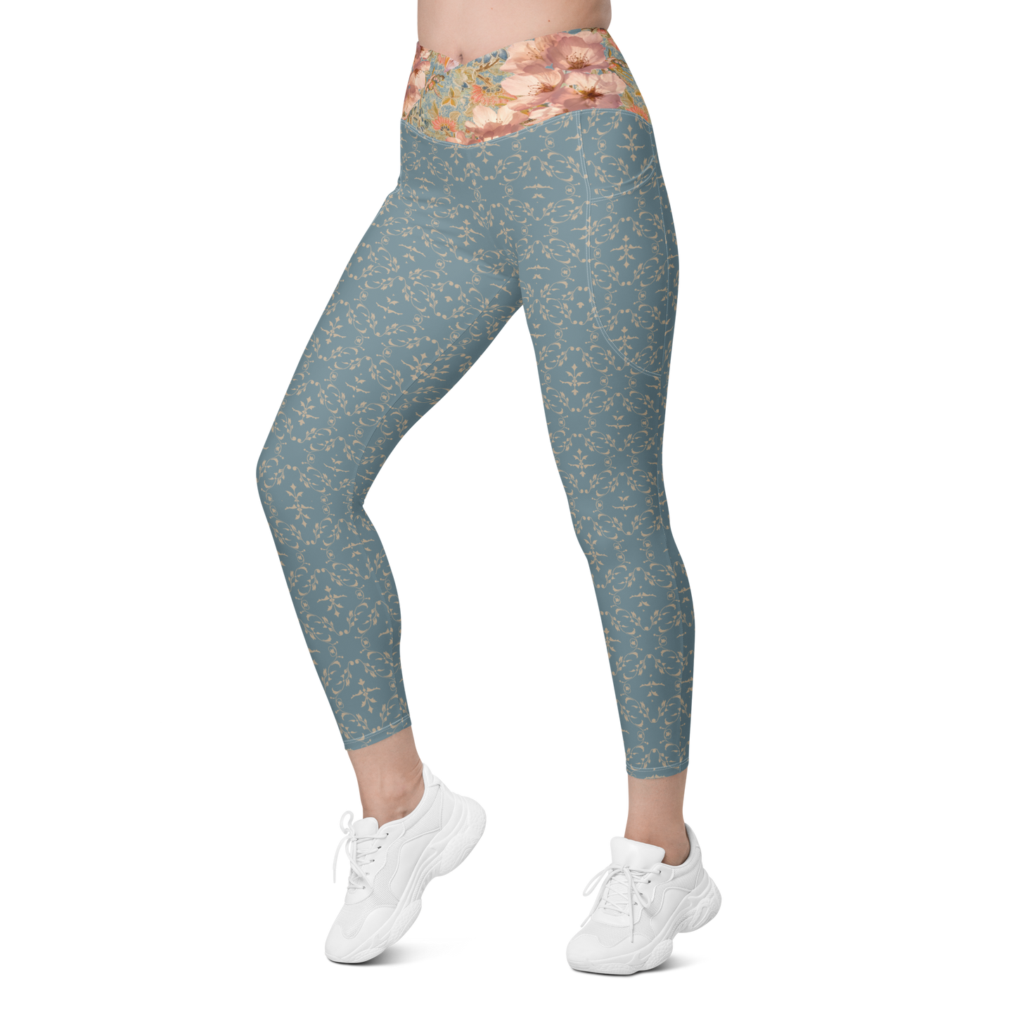 Japanese kimono Taisyou-kimono Cherry blossom Blue UPF 50+ Four-way stretch Crossover leggings with pockets