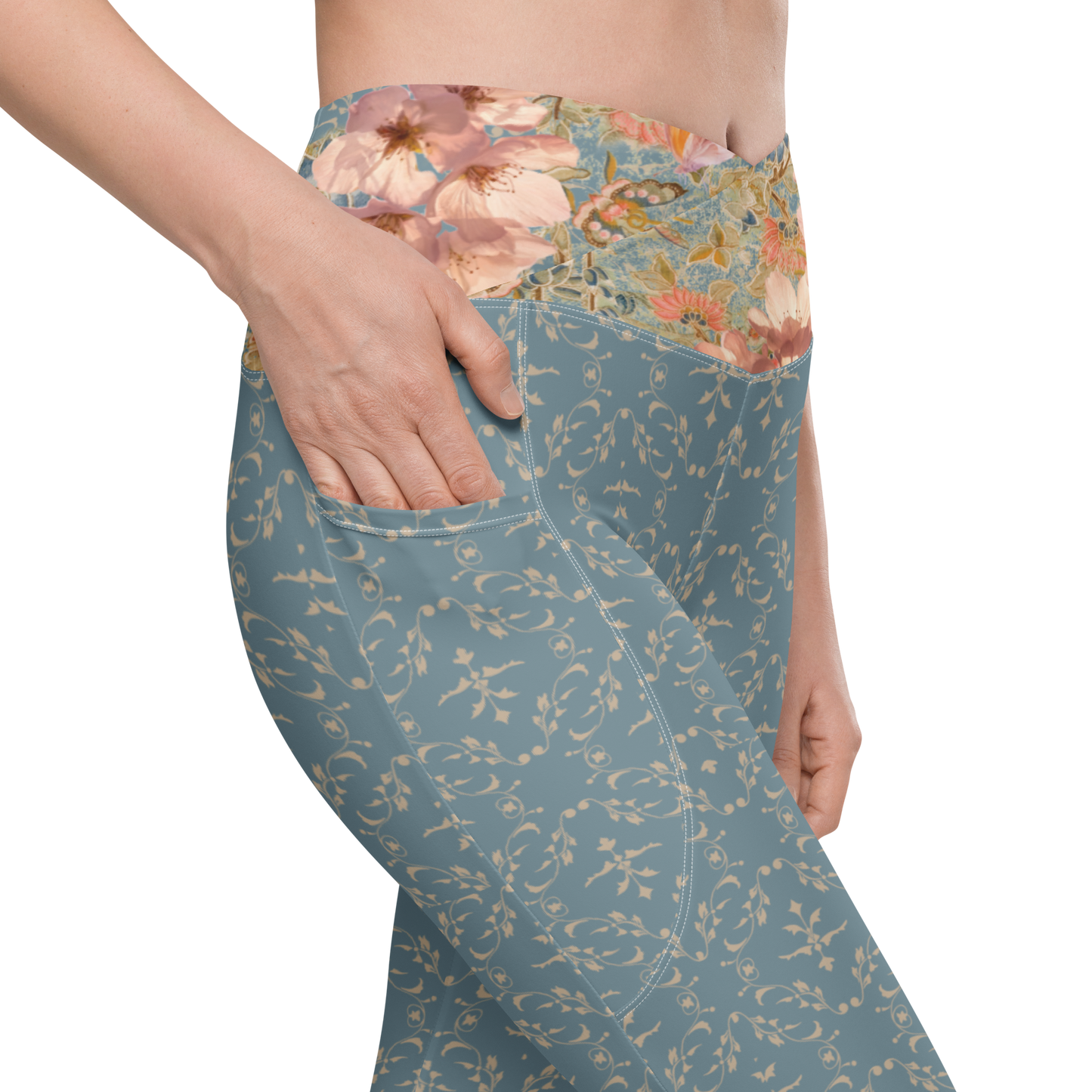 Japanese kimono Taisyou-kimono Cherry blossom Blue UPF 50+ Four-way stretch Crossover leggings with pockets