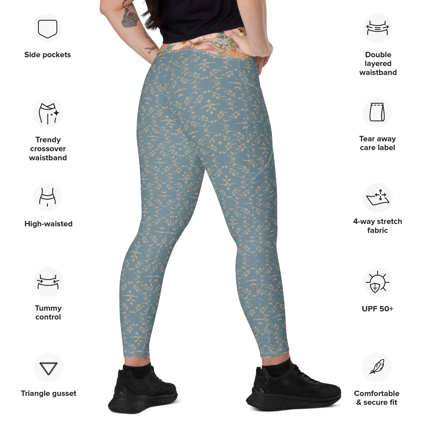 Leggings cruzados con bolsillos Cherry Blossom Blue talla grande