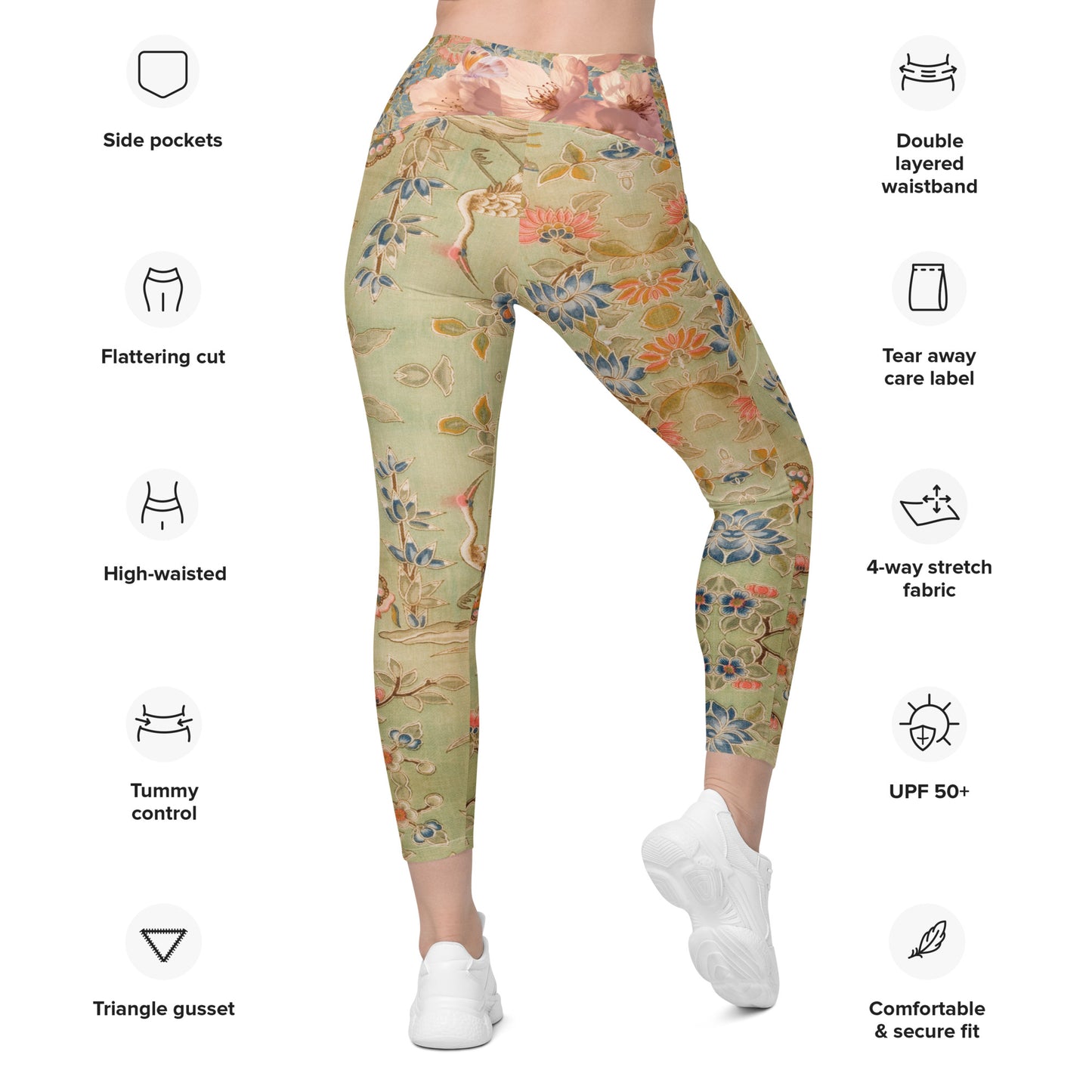 Legging vert fleur de cerisier avec poches grande taille
