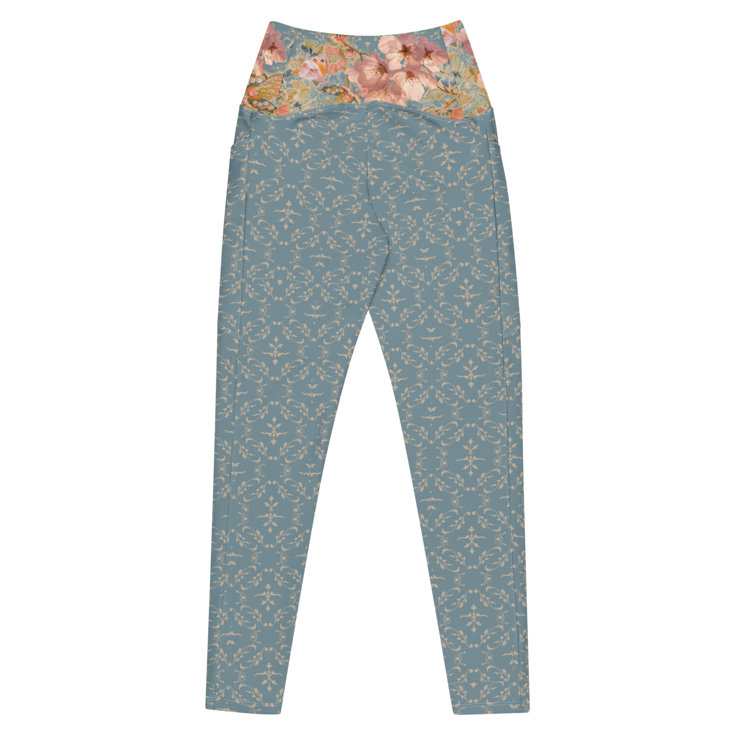 Japanese kimono Taisyou-kimono Cherry blossom Blue Flattering cut High-waisted Leggings with pockets large size