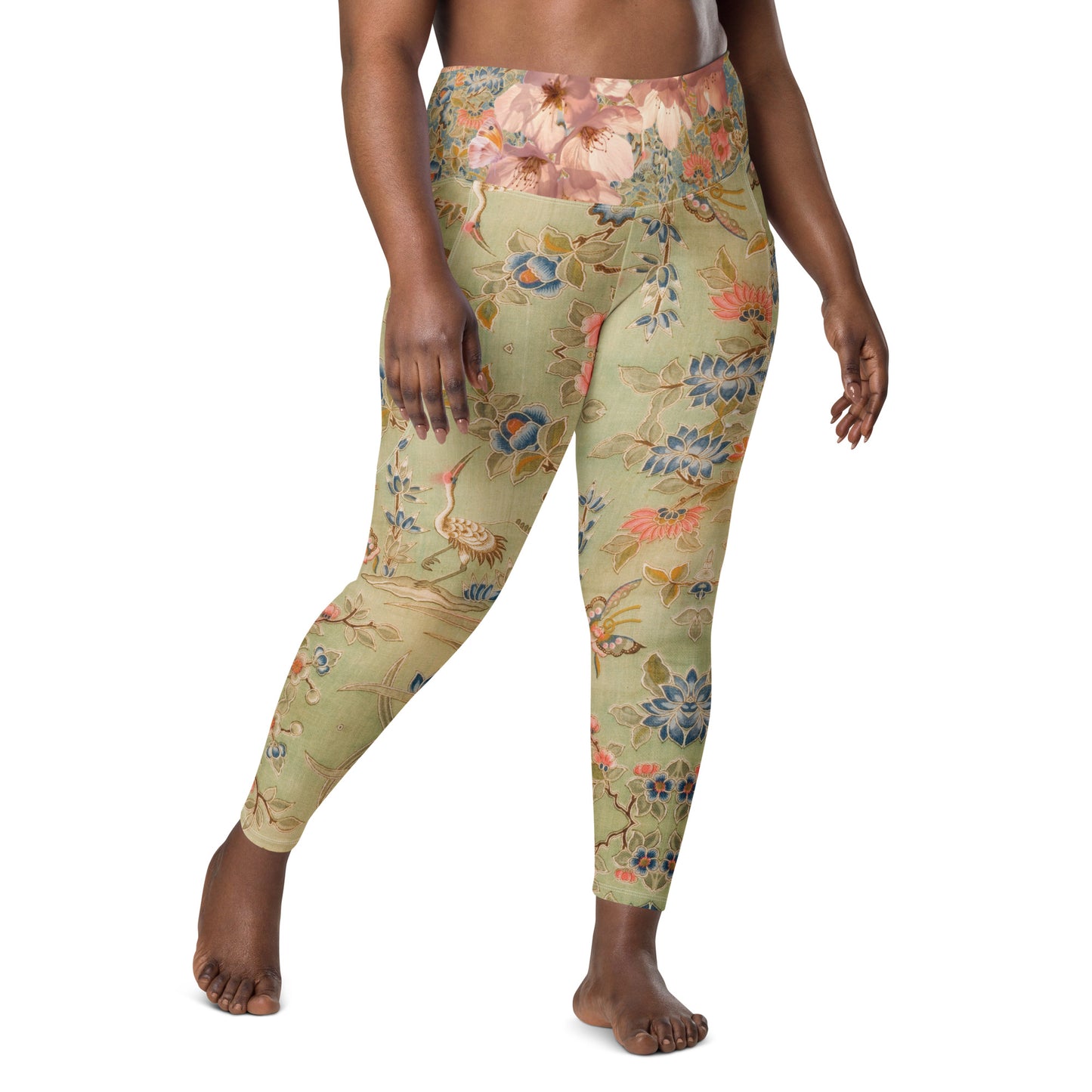 Legging vert fleur de cerisier avec poches grande taille