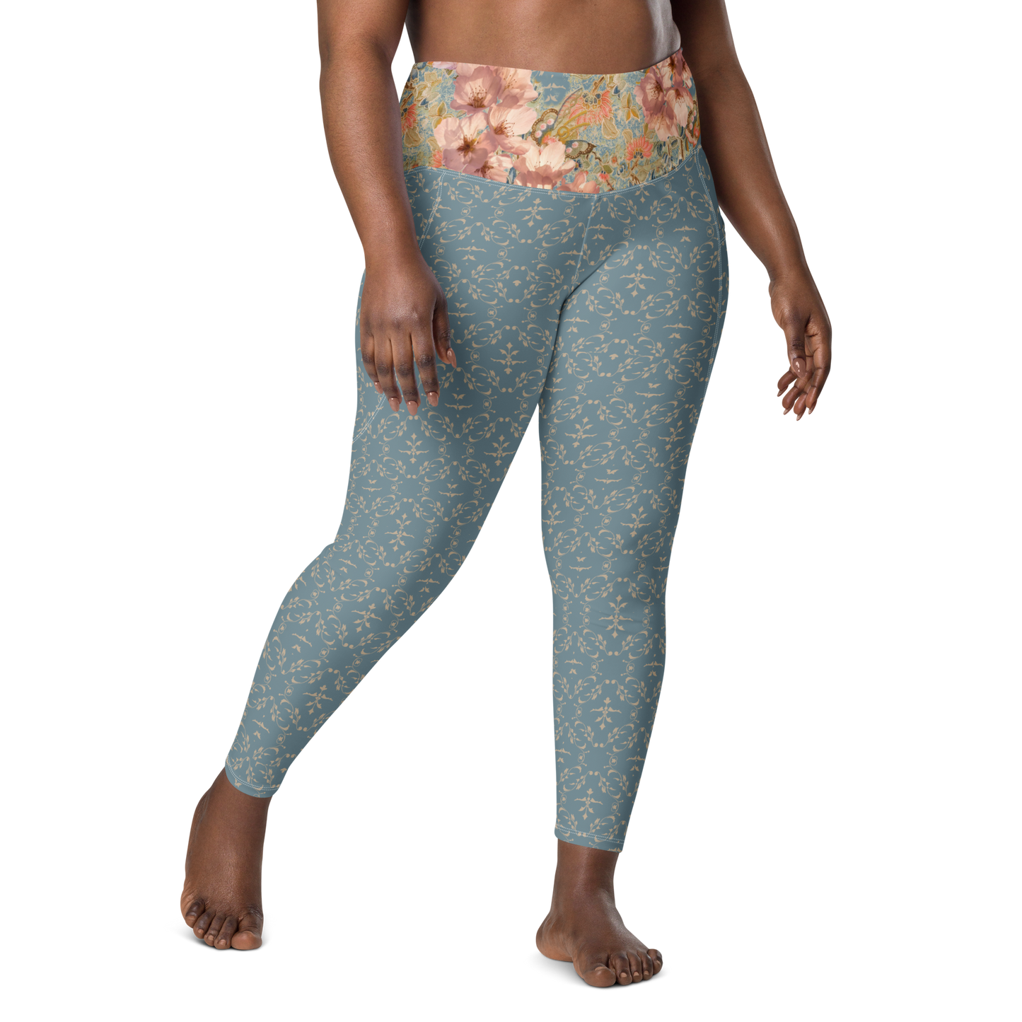 Japanese kimono Taisyou-kimono Cherry blossom Blue Flattering cut High-waisted Leggings with pockets large size