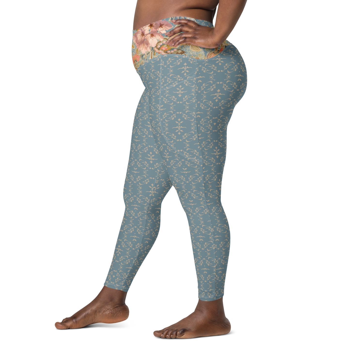 Japanese kimono Taisyou-kimono Cherry blossom Blue Flattering cut High-waisted Leggings with pockets large size