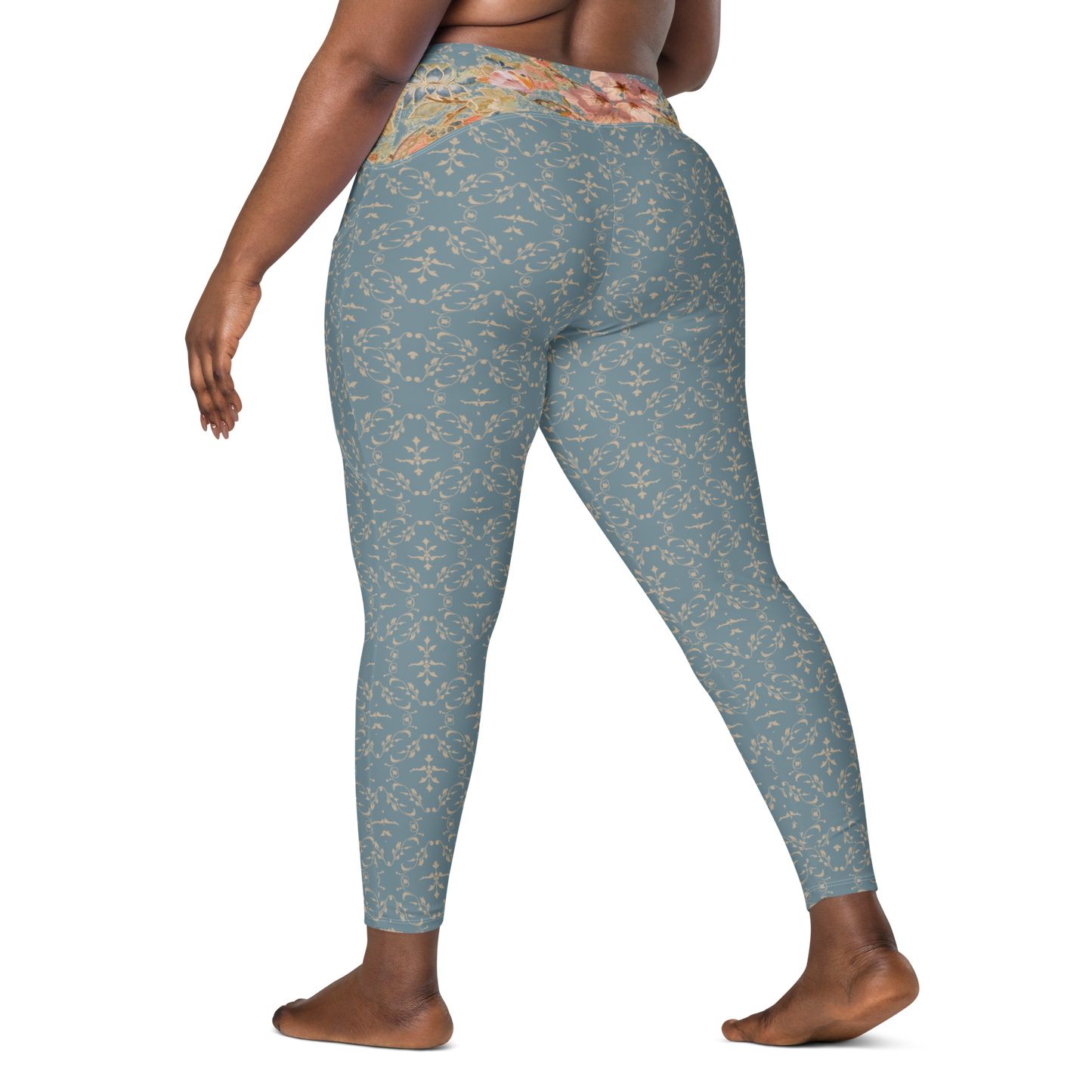 Japanese kimono Taisyou-kimono Cherry blossom Blue Flattering cut High-waisted Leggings with pockets large size