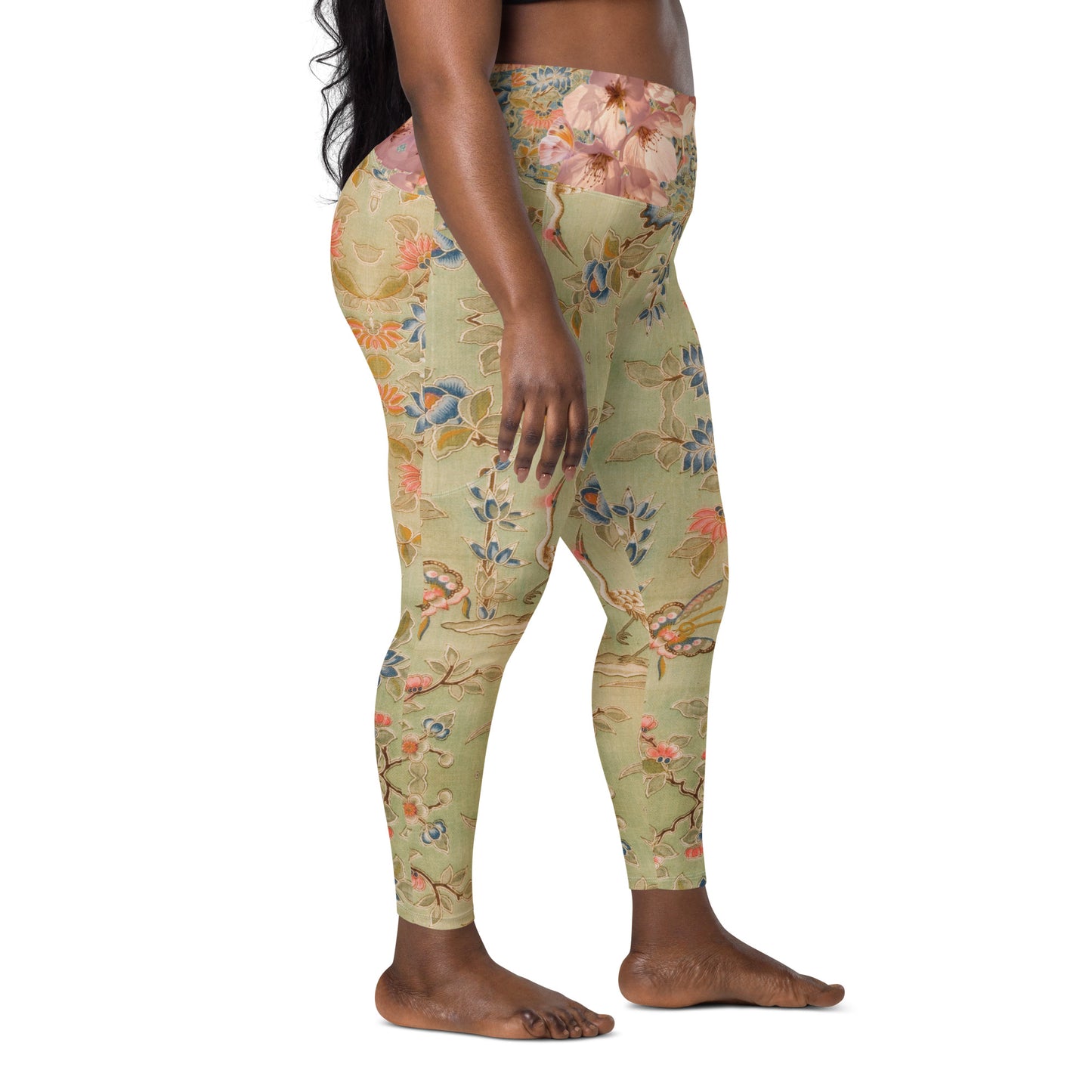Legging vert fleur de cerisier avec poches grande taille