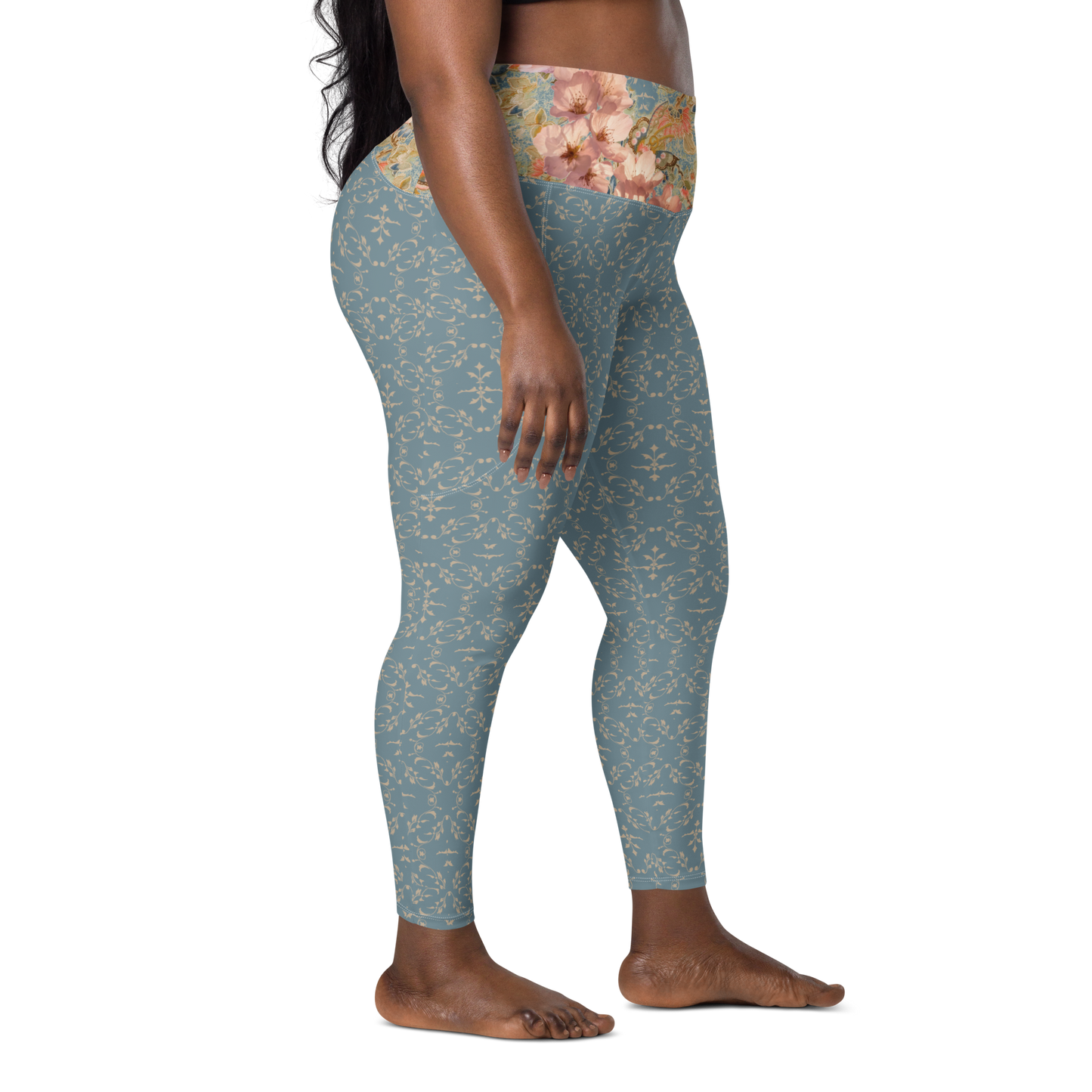 Japanese kimono Taisyou-kimono Cherry blossom Blue Flattering cut High-waisted Leggings with pockets large size