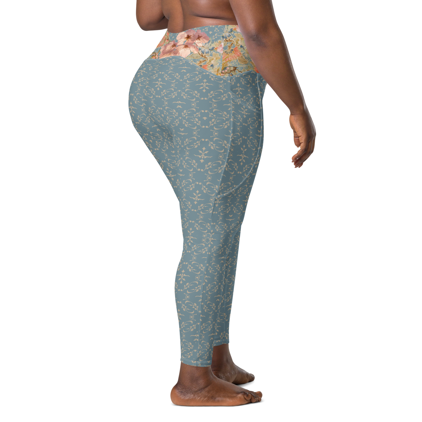 Japanese kimono Taisyou-kimono Cherry blossom Blue Flattering cut High-waisted Leggings with pockets large size