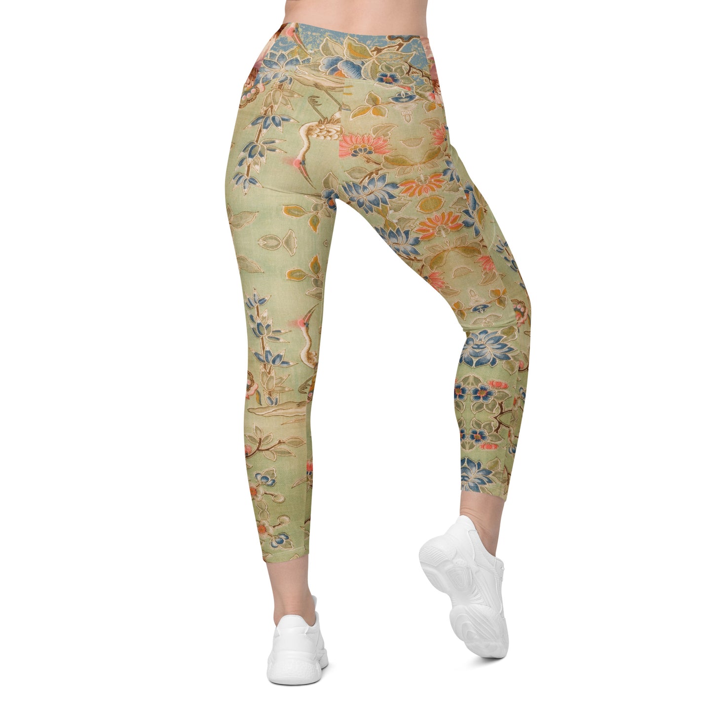 Legging croisé vert fleur de cerisier avec poches