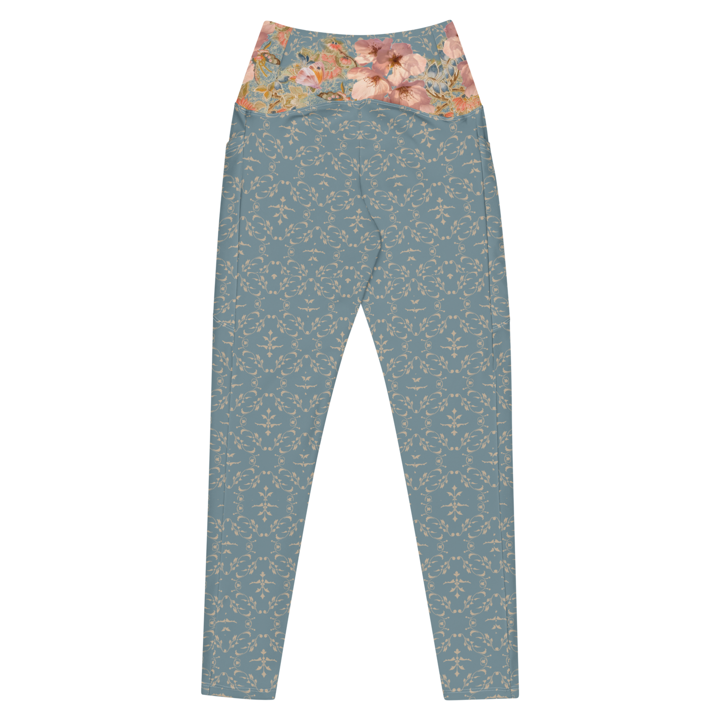 Japanese kimono Taisyou-kimono Cherry blossom Blue UPF 50+ Four-way stretch Crossover leggings with pockets large size