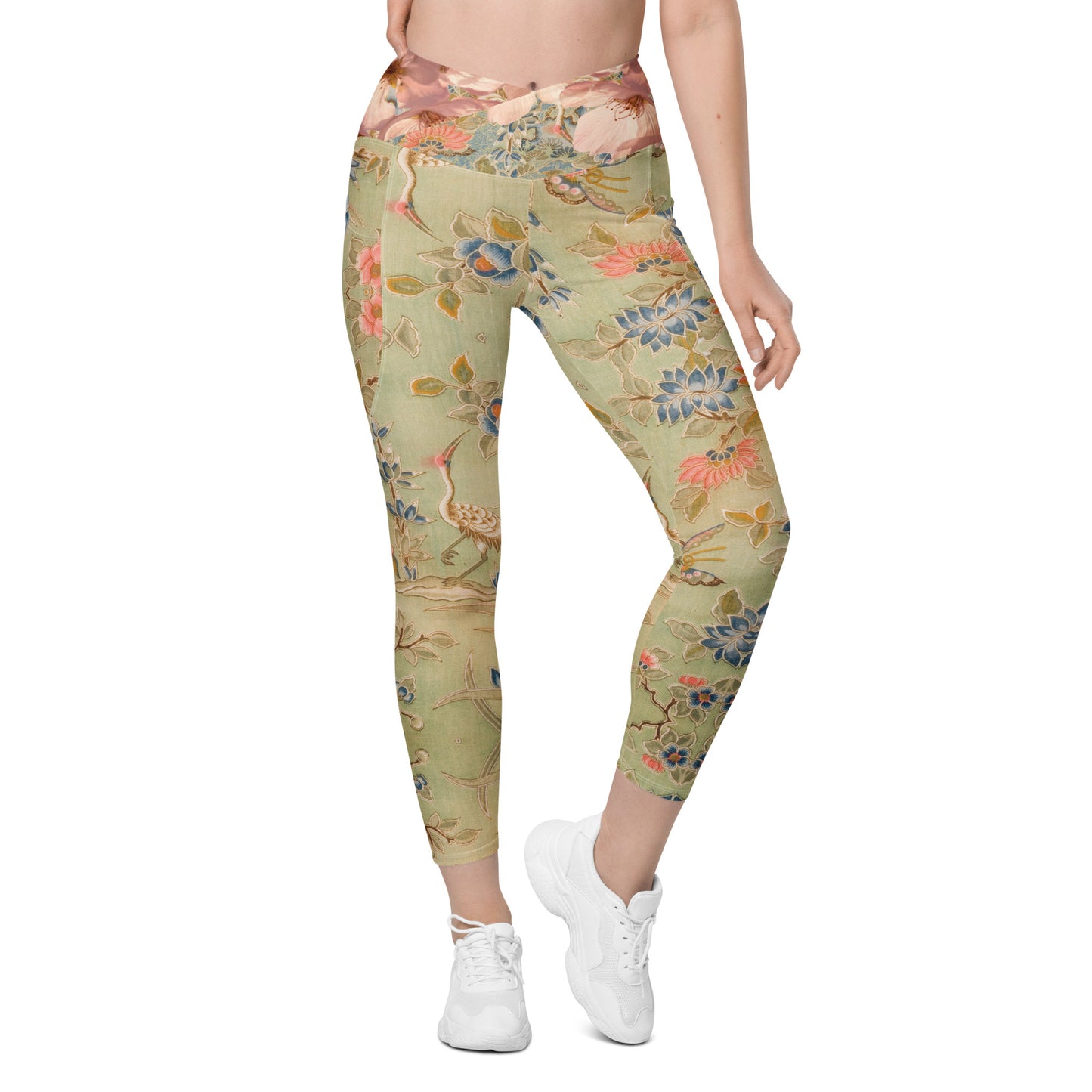 Legging croisé vert fleur de cerisier avec poches