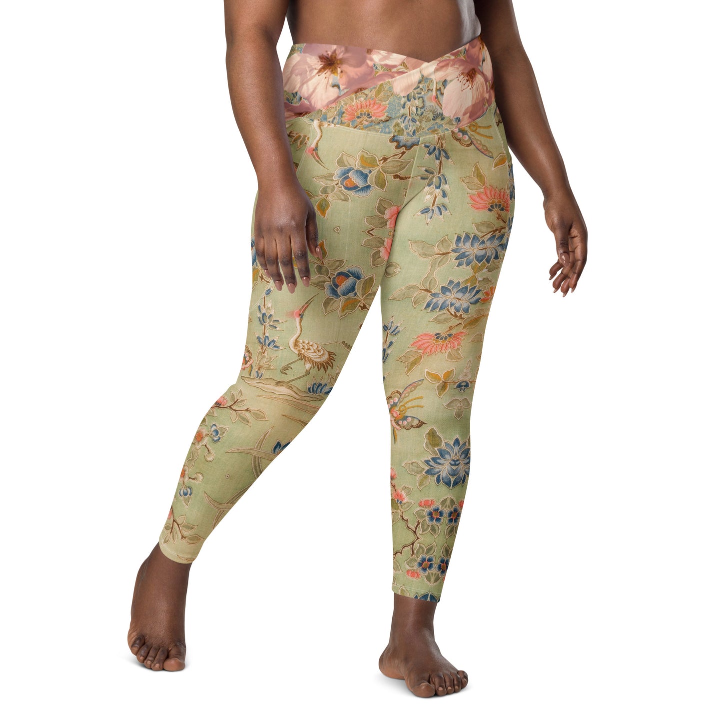 Legging croisé vert fleur de cerisier avec poches grande taille