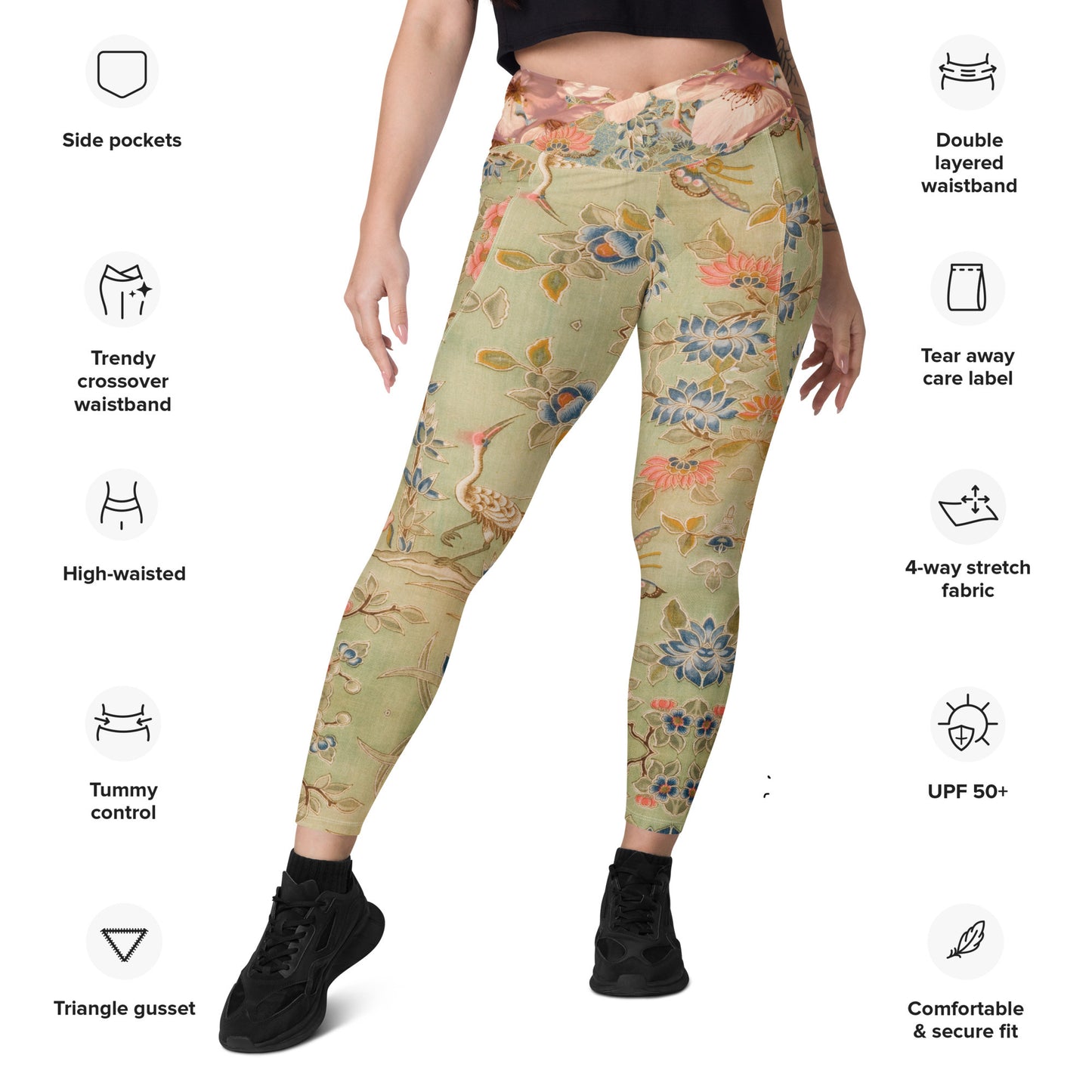 Legging croisé vert fleur de cerisier avec poches