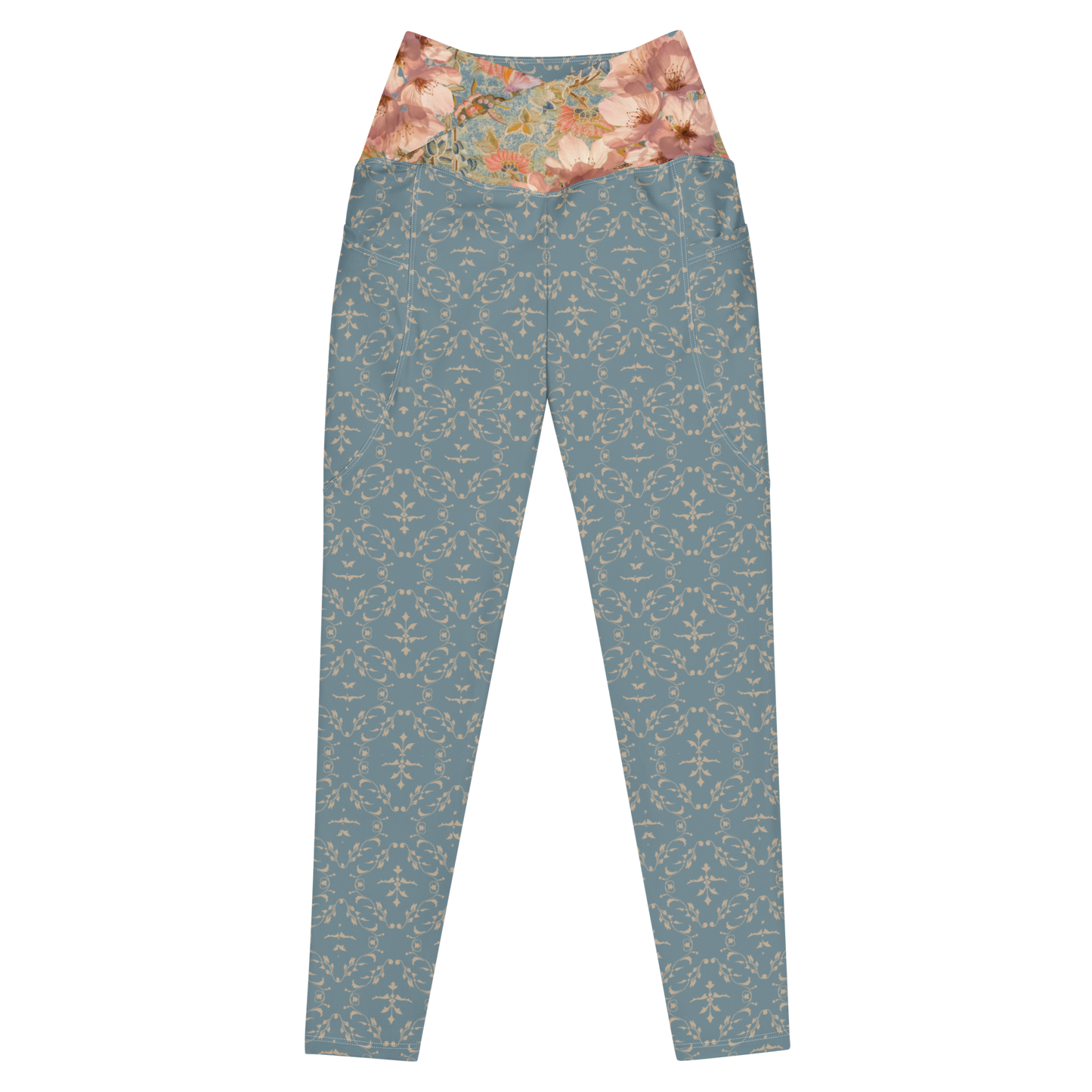 Japanese kimono Taisyou-kimono Cherry blossom Blue UPF 50+ Four-way stretch Crossover leggings with pockets large size