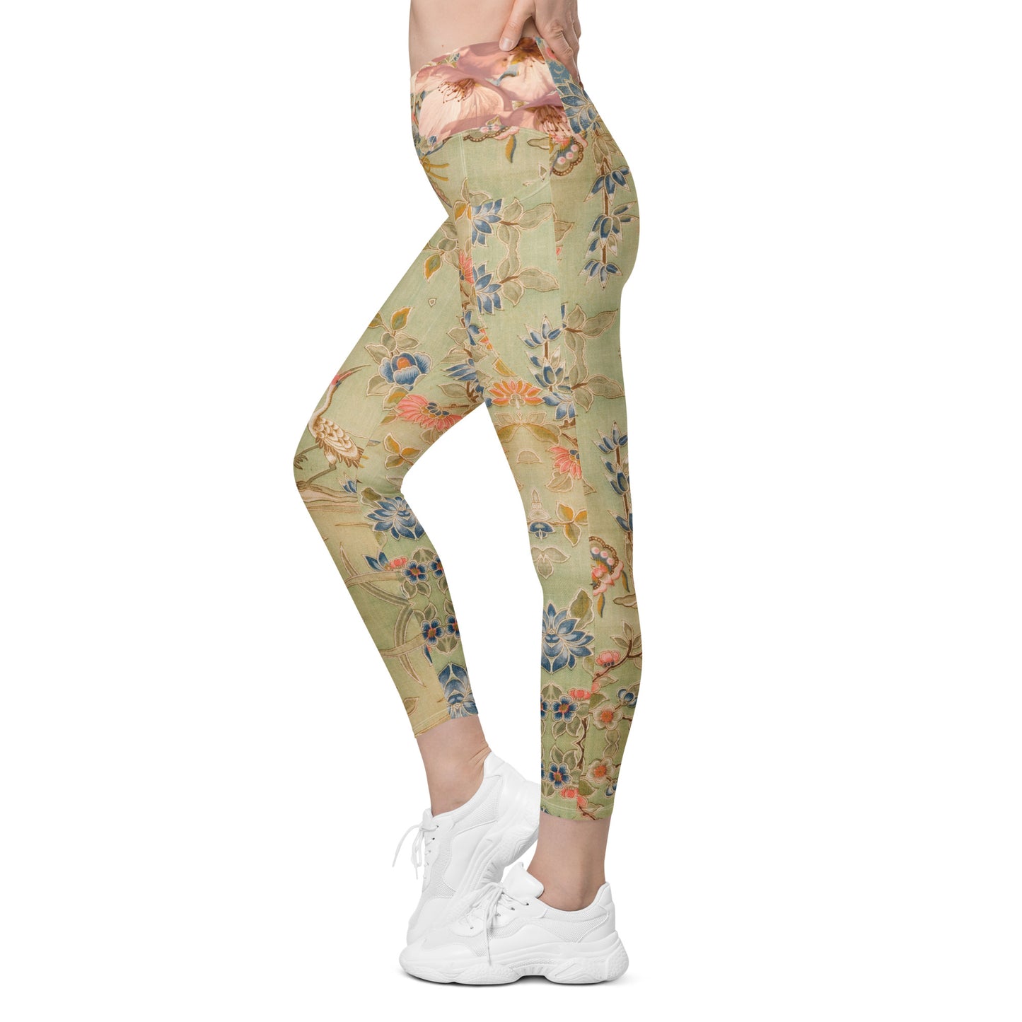 Legging croisé vert fleur de cerisier avec poches