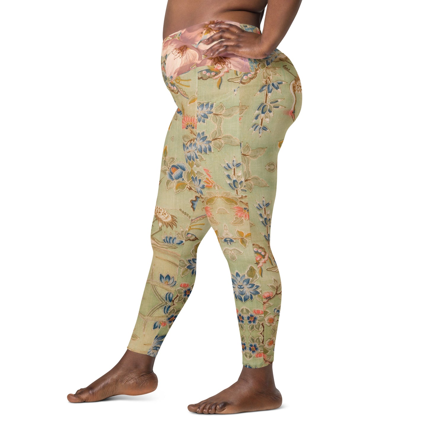 Legging croisé vert fleur de cerisier avec poches grande taille