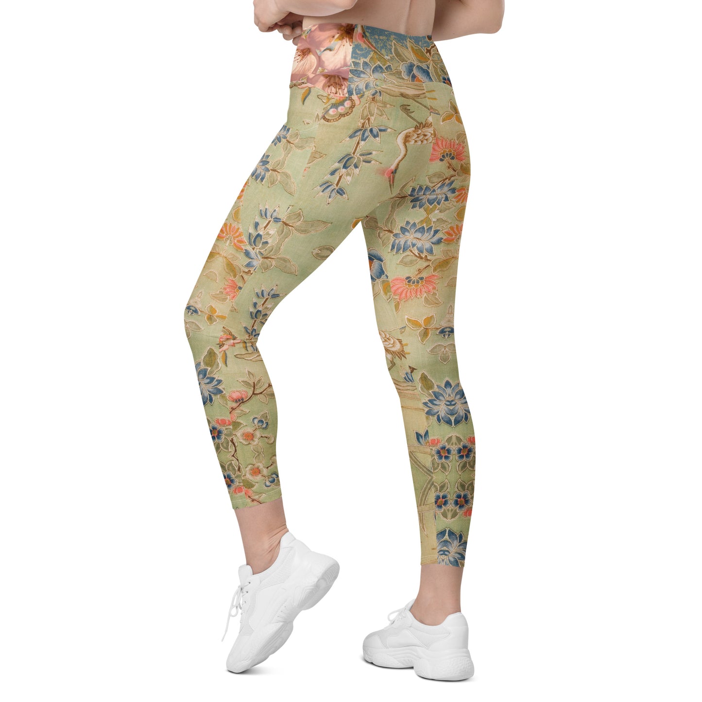 Legging croisé vert fleur de cerisier avec poches