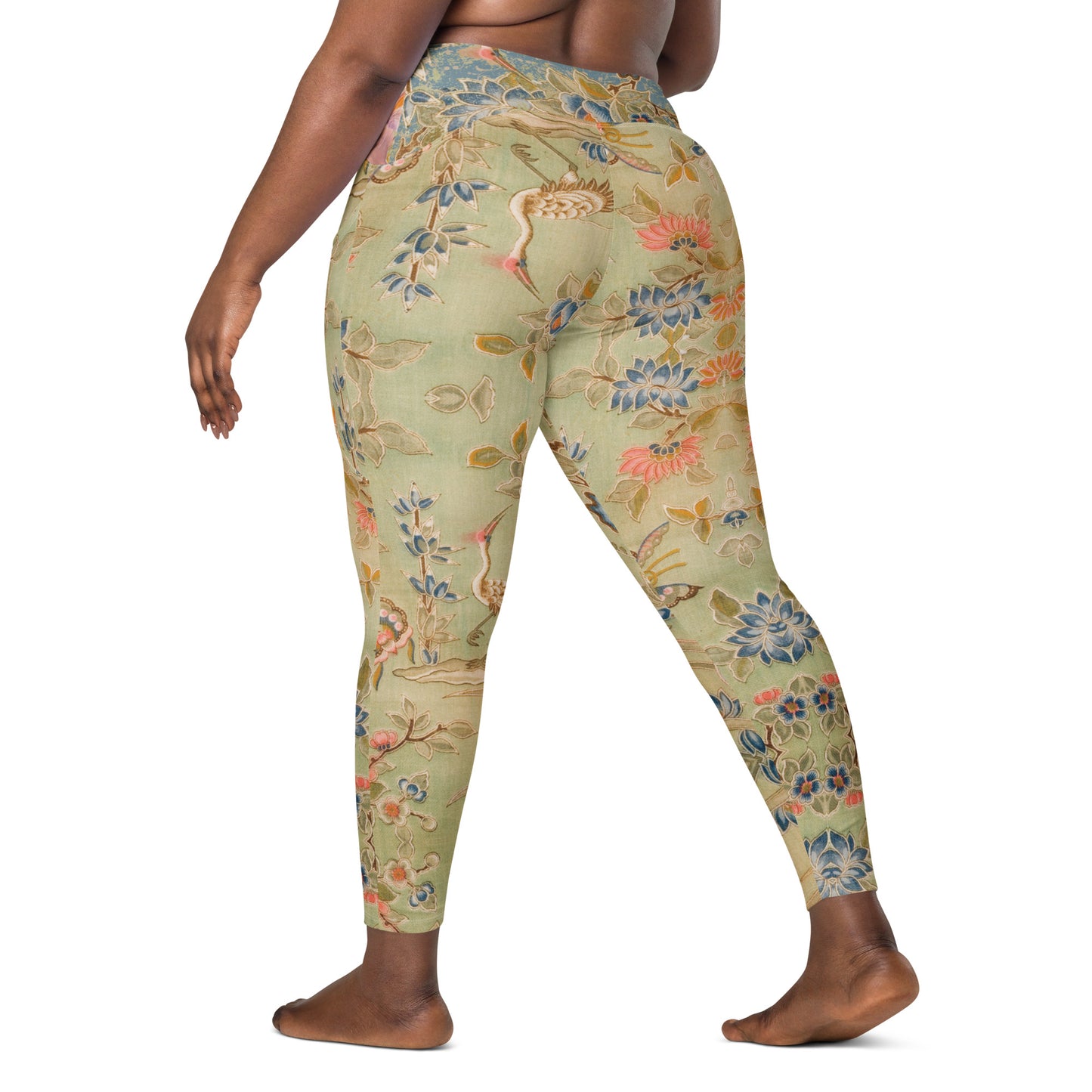 Legging croisé vert fleur de cerisier avec poches grande taille