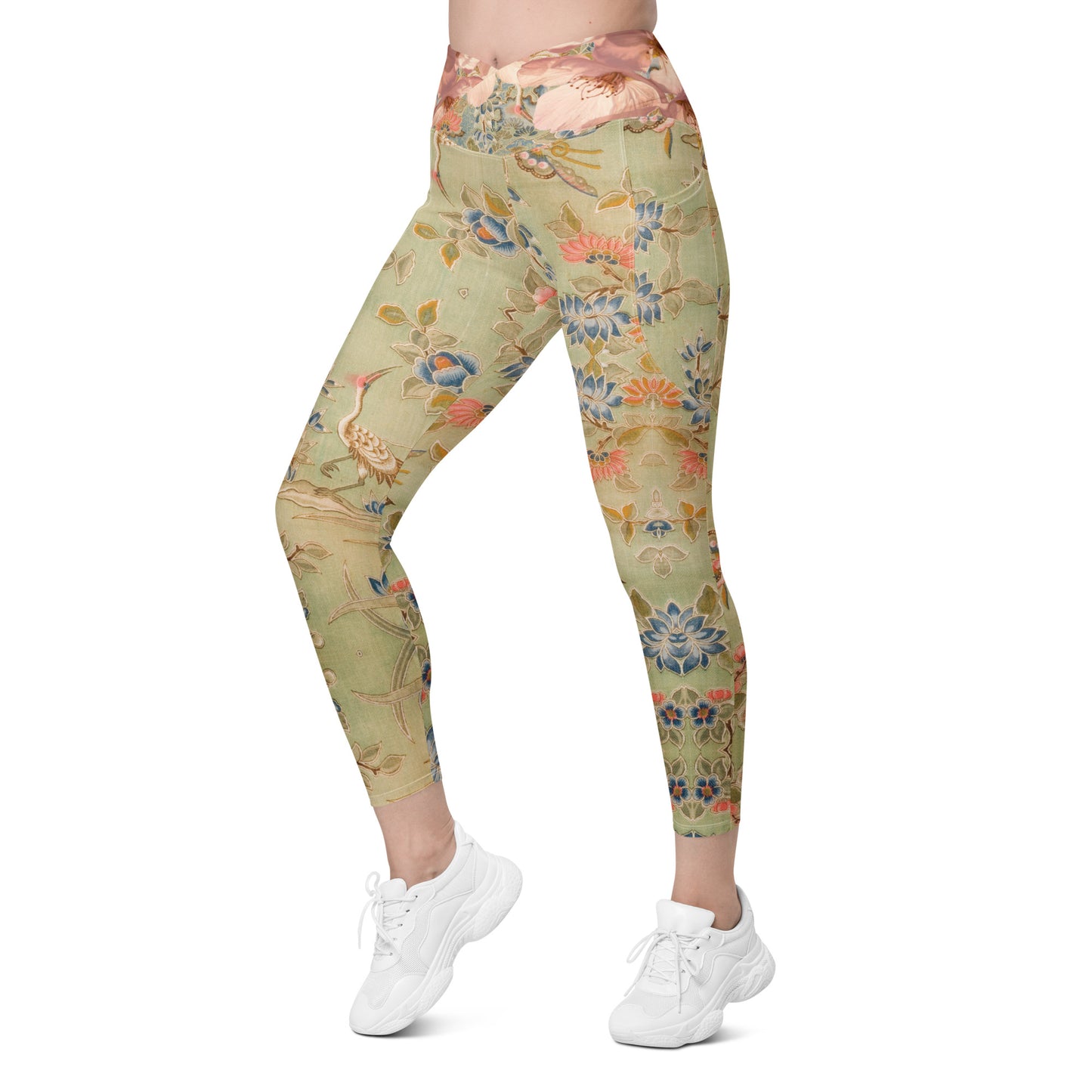 Legging croisé vert fleur de cerisier avec poches