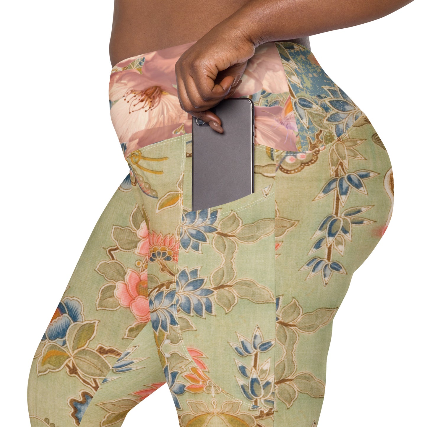 Legging croisé vert fleur de cerisier avec poches grande taille