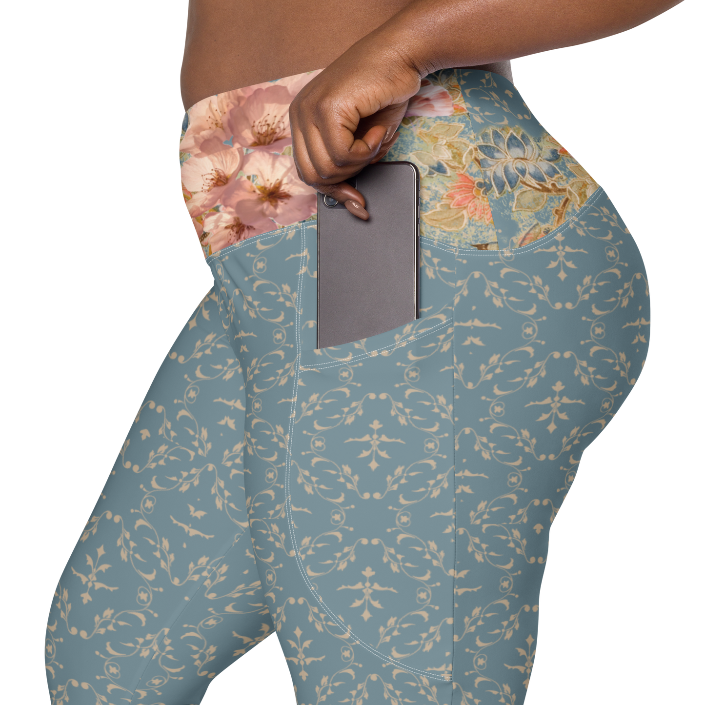 Japanese kimono Taisyou-kimono Cherry blossom Blue UPF 50+ Four-way stretch Crossover leggings with pockets large size