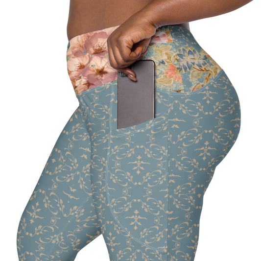 Japanese kimono Taisyou-kimono Cherry blossom Blue UPF 50+ Four-way stretch Crossover leggings with pockets large size