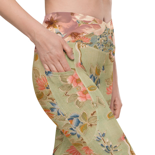 Legging croisé vert fleur de cerisier avec poches