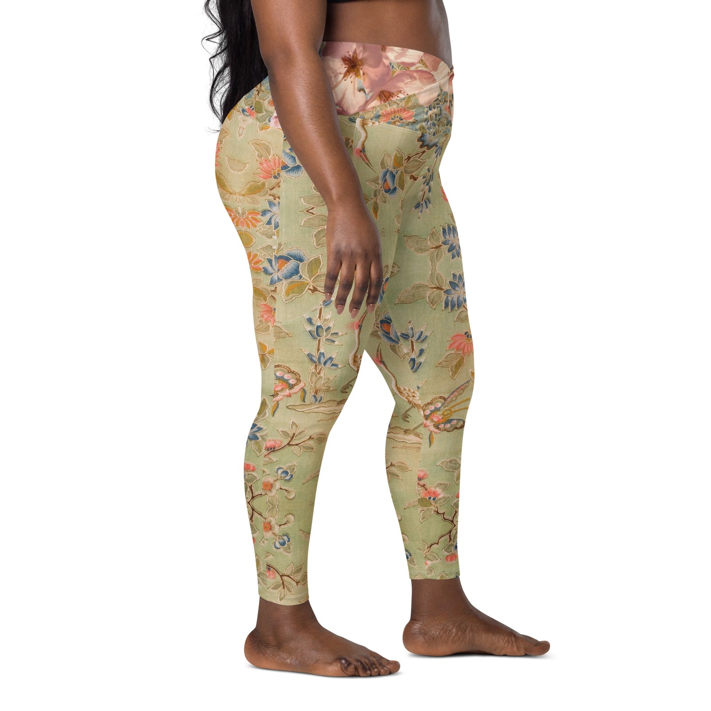 Legging croisé vert fleur de cerisier avec poches grande taille