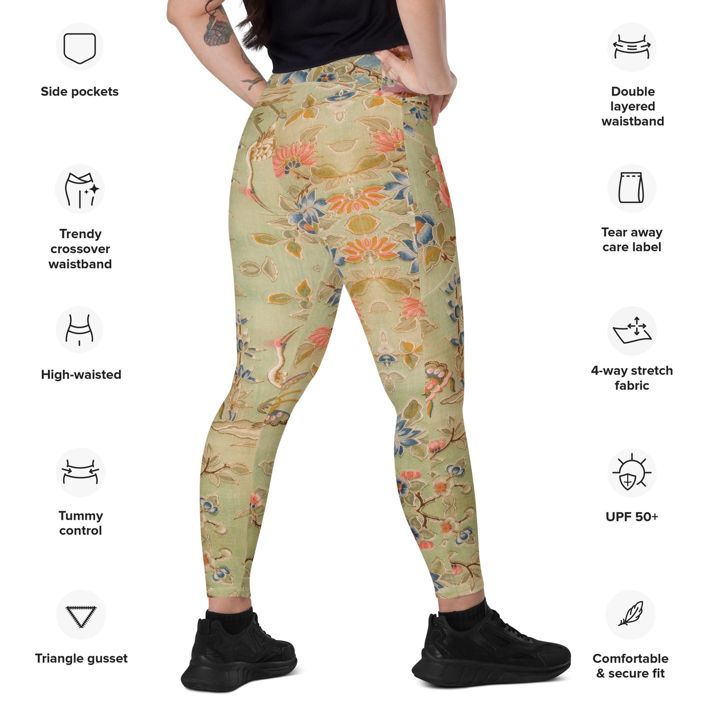 Legging croisé vert fleur de cerisier avec poches grande taille