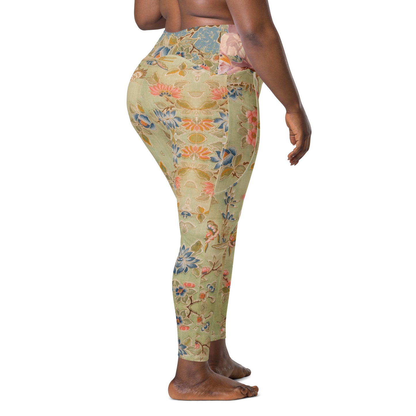 Legging croisé vert fleur de cerisier avec poches grande taille