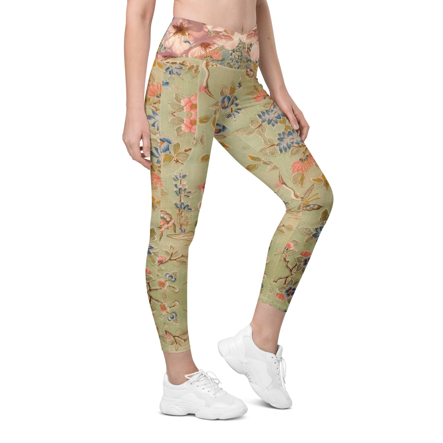 Legging croisé vert fleur de cerisier avec poches