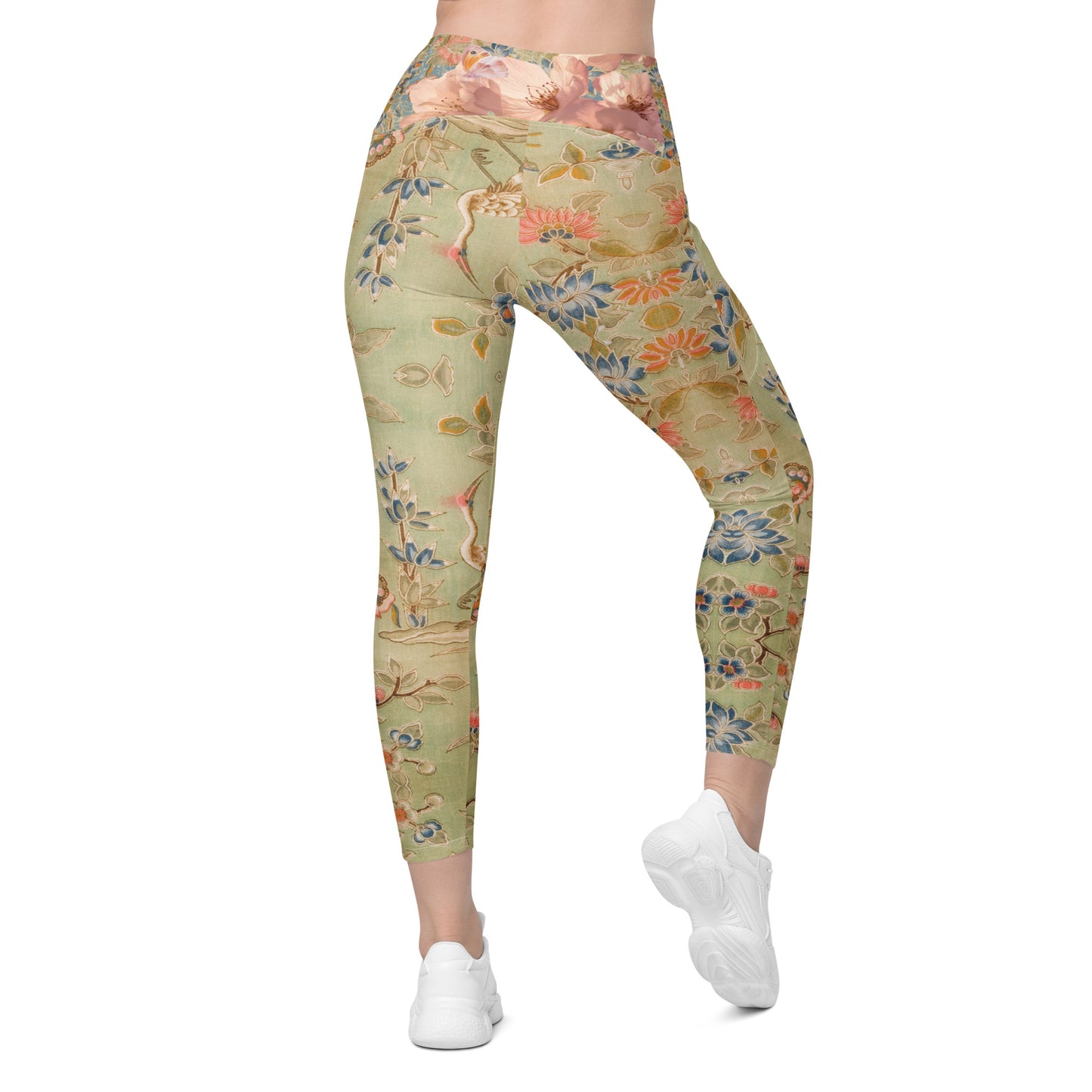 Japanese kimono Taisyou-kimono Cherry blossom Green UPF 50+ Four-way stretch fabric Comfortable and secure Fit Leggings with pockets