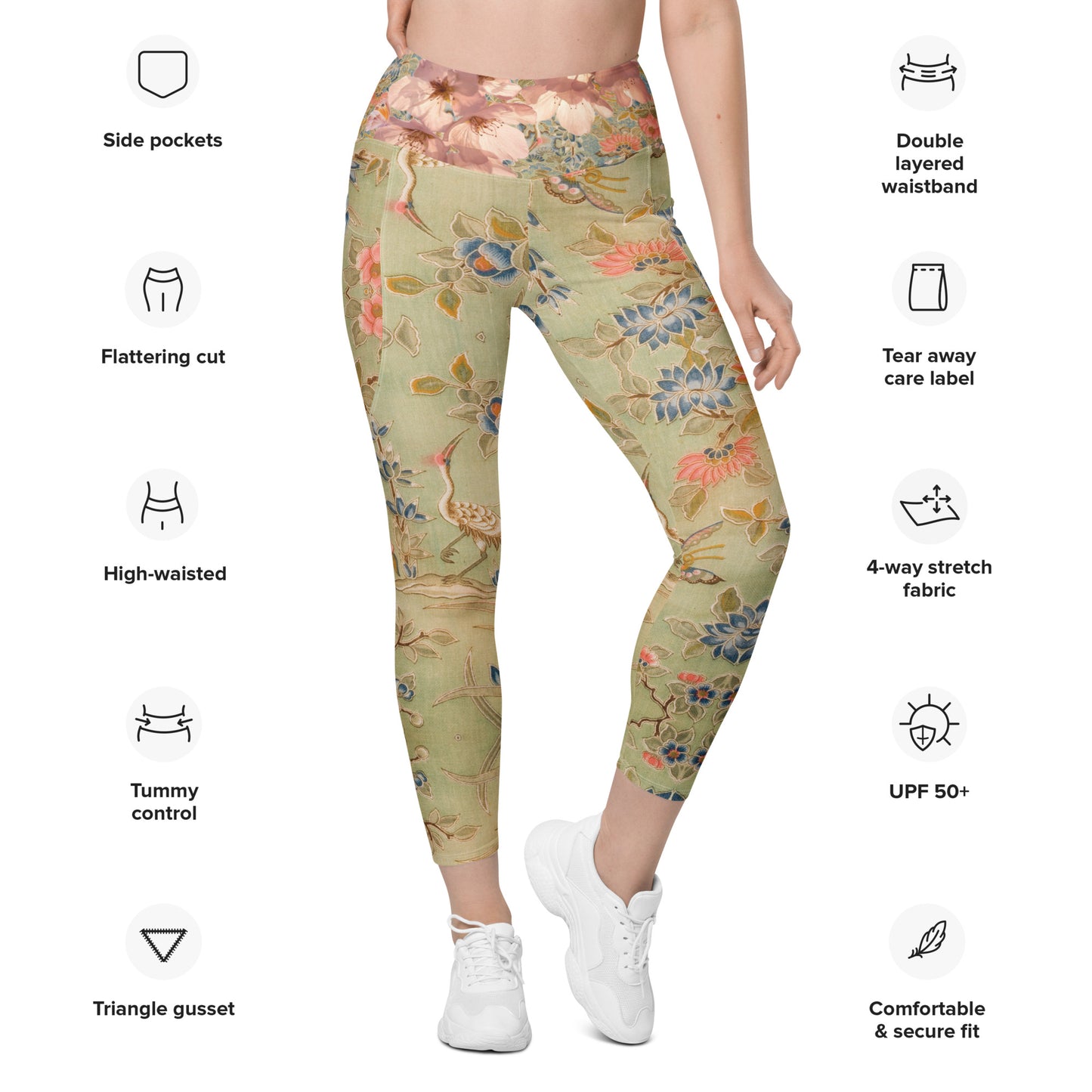 Japanese kimono Taisyou-kimono Cherry blossom Green UPF 50+ Four-way stretch fabric Comfortable and secure Fit Leggings with pockets