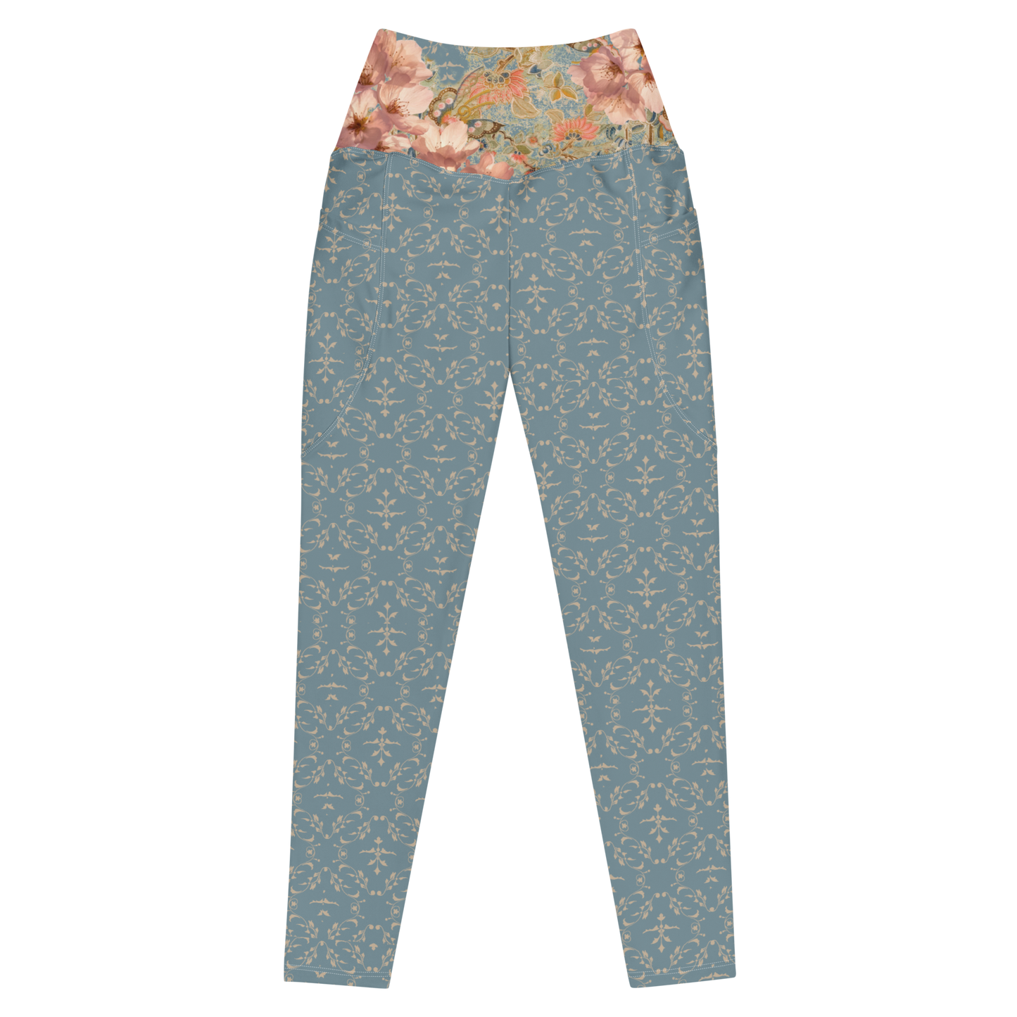 Japanese kimono Taisyou-kimono Cherry blossom Blue Flattering cut High-waisted Leggings with pockets