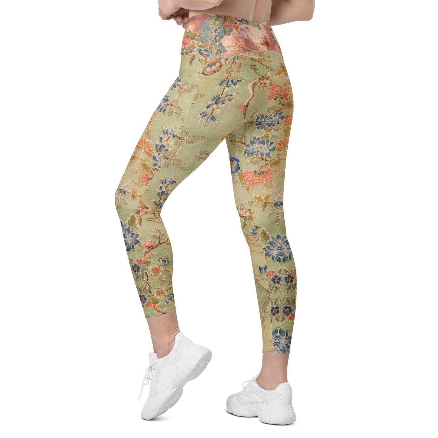 Japanese kimono Taisyou-kimono Cherry blossom Green UPF 50+ Four-way stretch fabric Comfortable and secure Fit Leggings with pockets