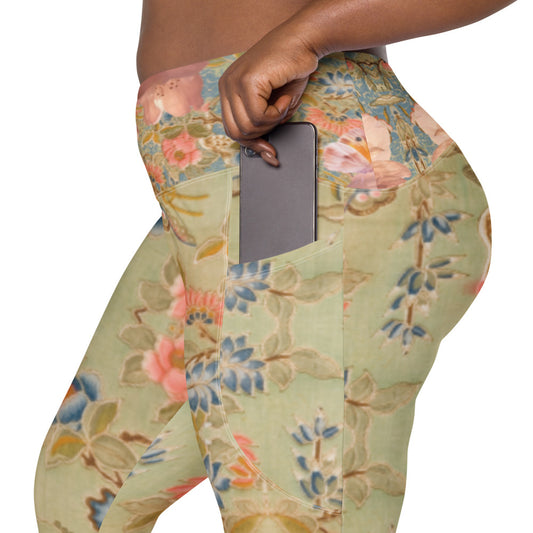 Legging vert fleur de cerisier avec poches grande taille