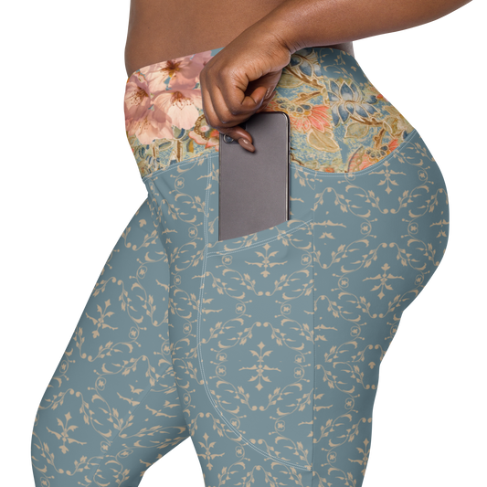 Japanese kimono Taisyou-kimono Cherry blossom Blue Flattering cut High-waisted Leggings with pockets large size