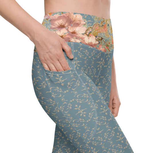 Japanese kimono Taisyou-kimono Cherry blossom Blue Flattering cut High-waisted Leggings with pockets