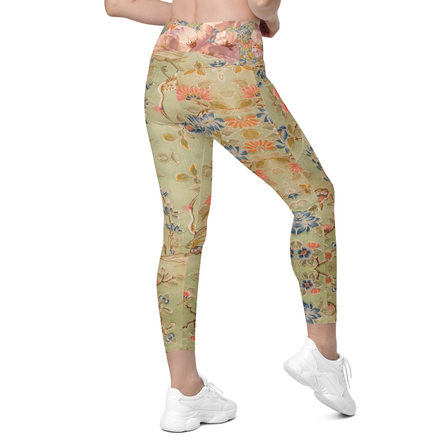 Japanese kimono Taisyou-kimono Cherry blossom Green UPF 50+ Four-way stretch fabric Comfortable and secure Fit Leggings with pockets