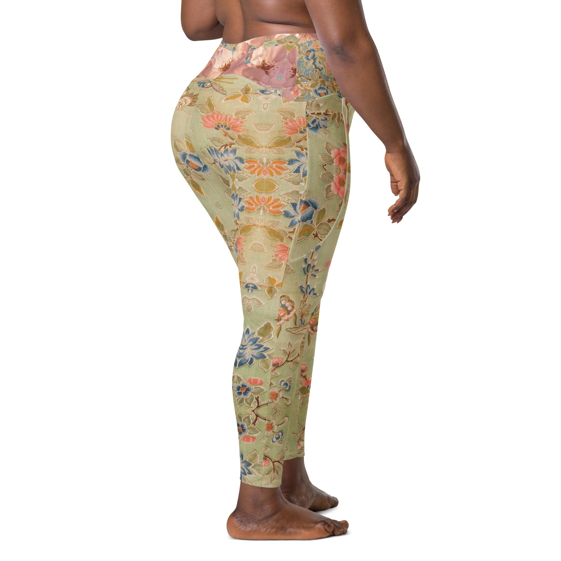 Legging vert fleur de cerisier avec poches grande taille – Kimonopaint