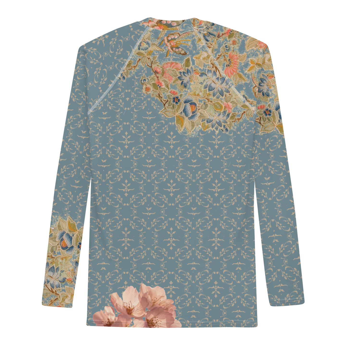 Japanese kimono Taisyou-kimono Cherry blossom Blue UPF 50+ Raglan sleeves Long-sleeve Men's Rash Guard