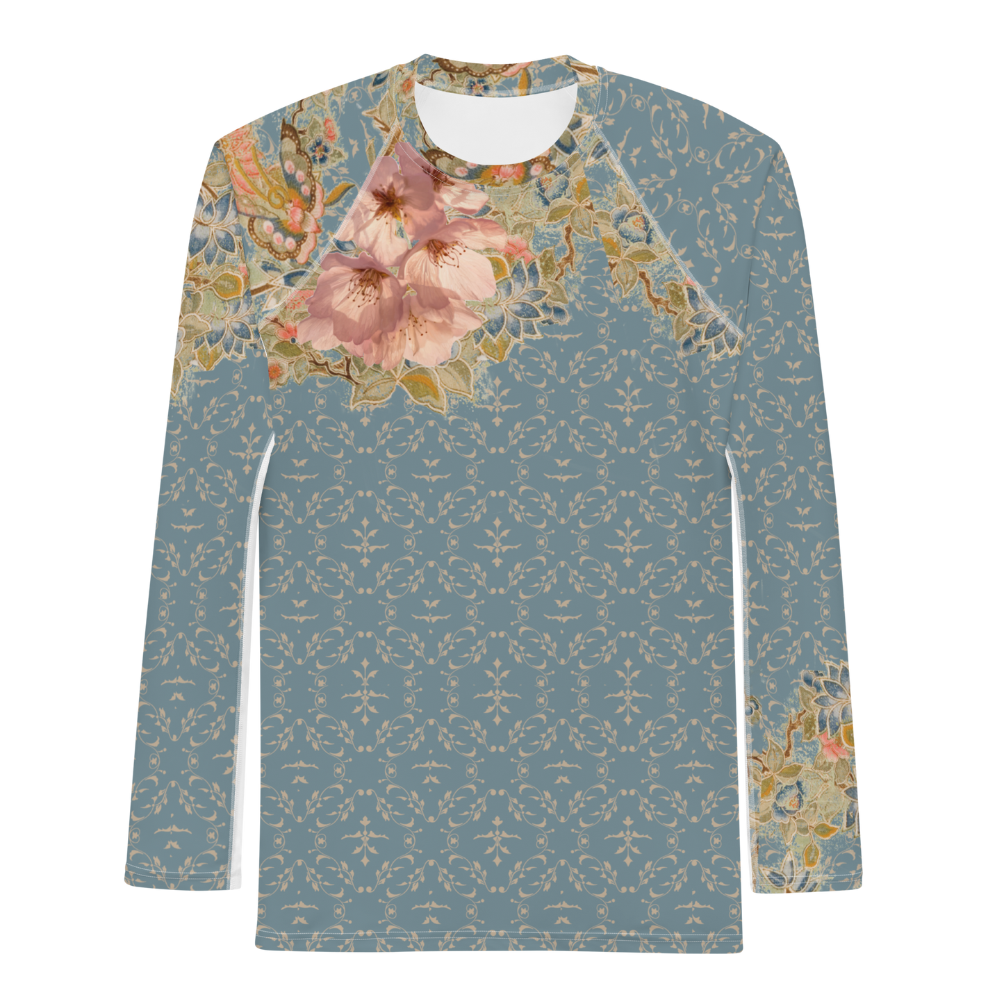 Japanese kimono Taisyou-kimono Cherry blossom Blue UPF 50+ Raglan sleeves Long-sleeve Men's Rash Guard